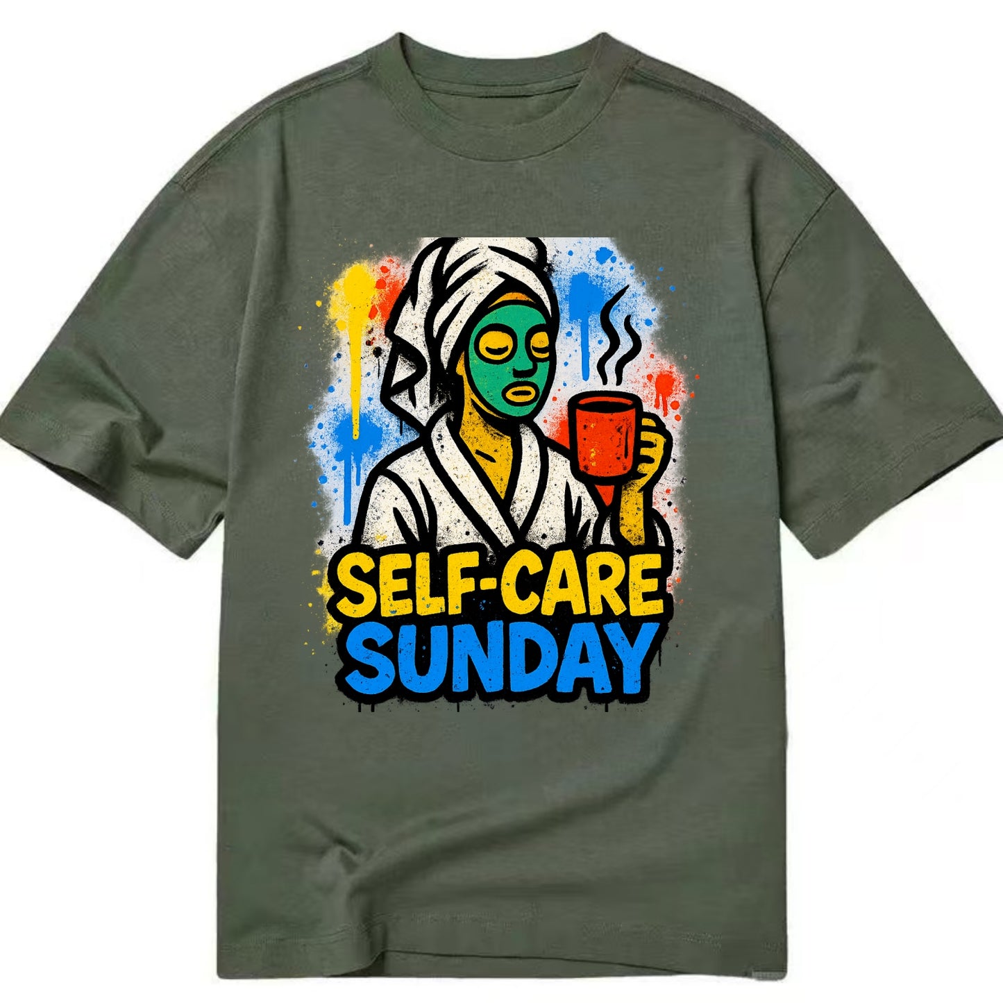 Person in bathrobe with face mask and tea - self-care Sunday ritual, wellness - Classic T-shirt - Army Green
