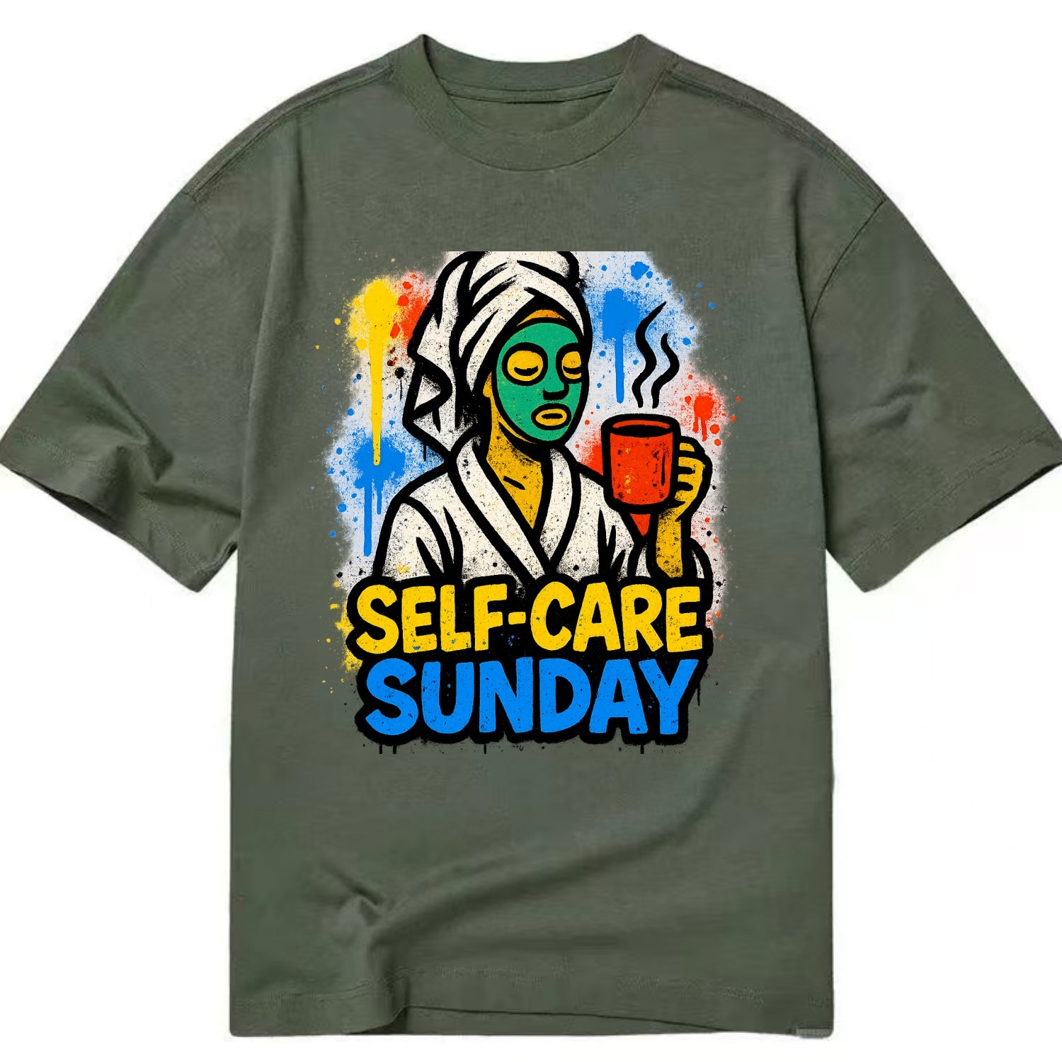 Person in bathrobe with face mask and tea - self-care Sunday ritual, wellness - Classic T-shirt - Army Green