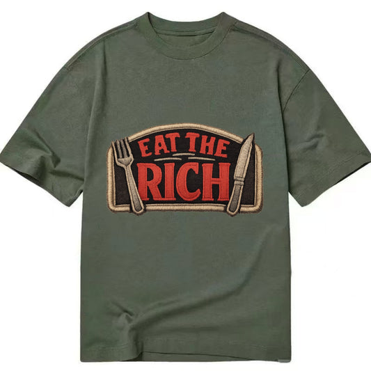 EAT THE RICH - fork and knife with text in red and silver , class war - Classic T-shirt - Army Green