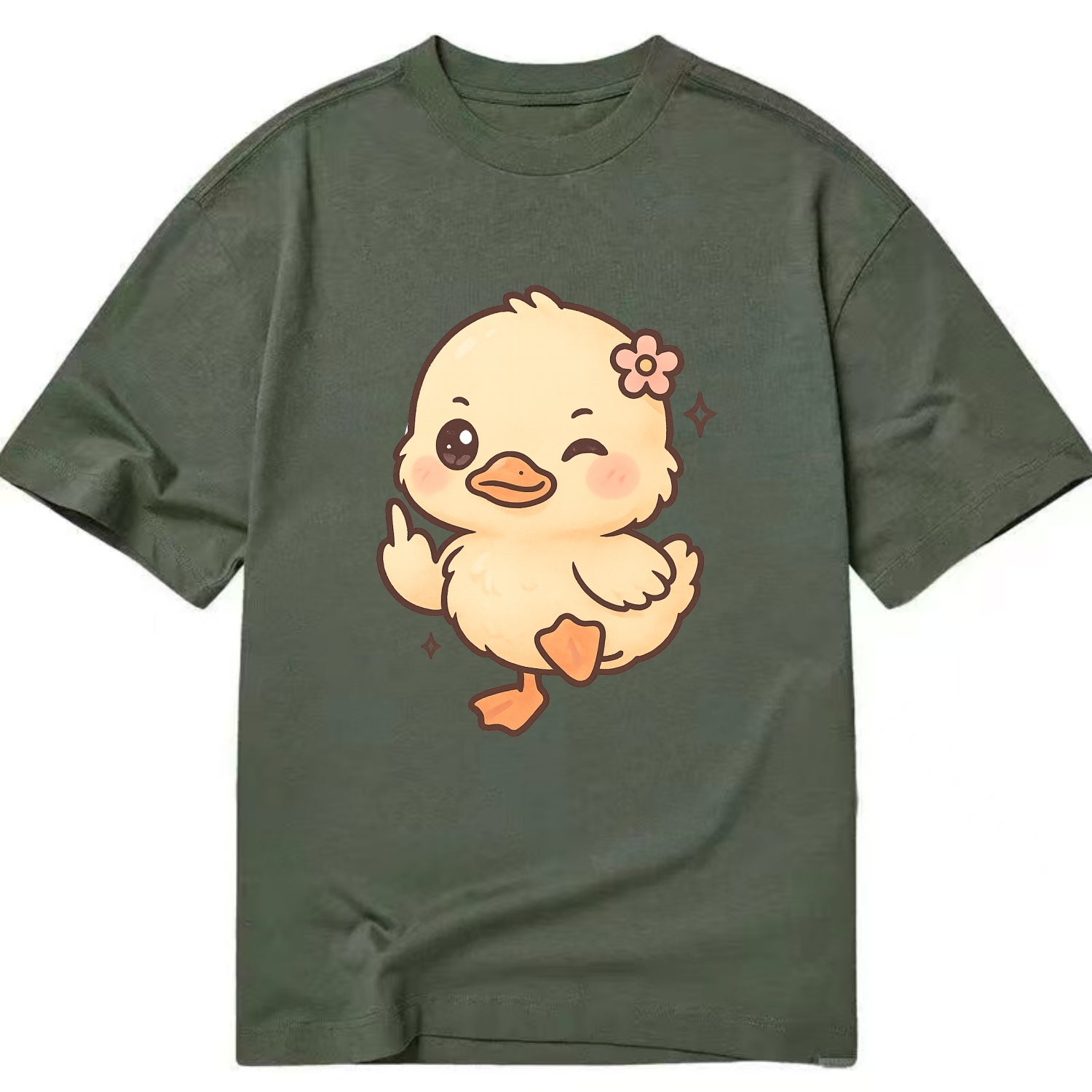 fluffy baby duck with small flower, one webbed foot raised sassily - Classic T-shirt - Army Green