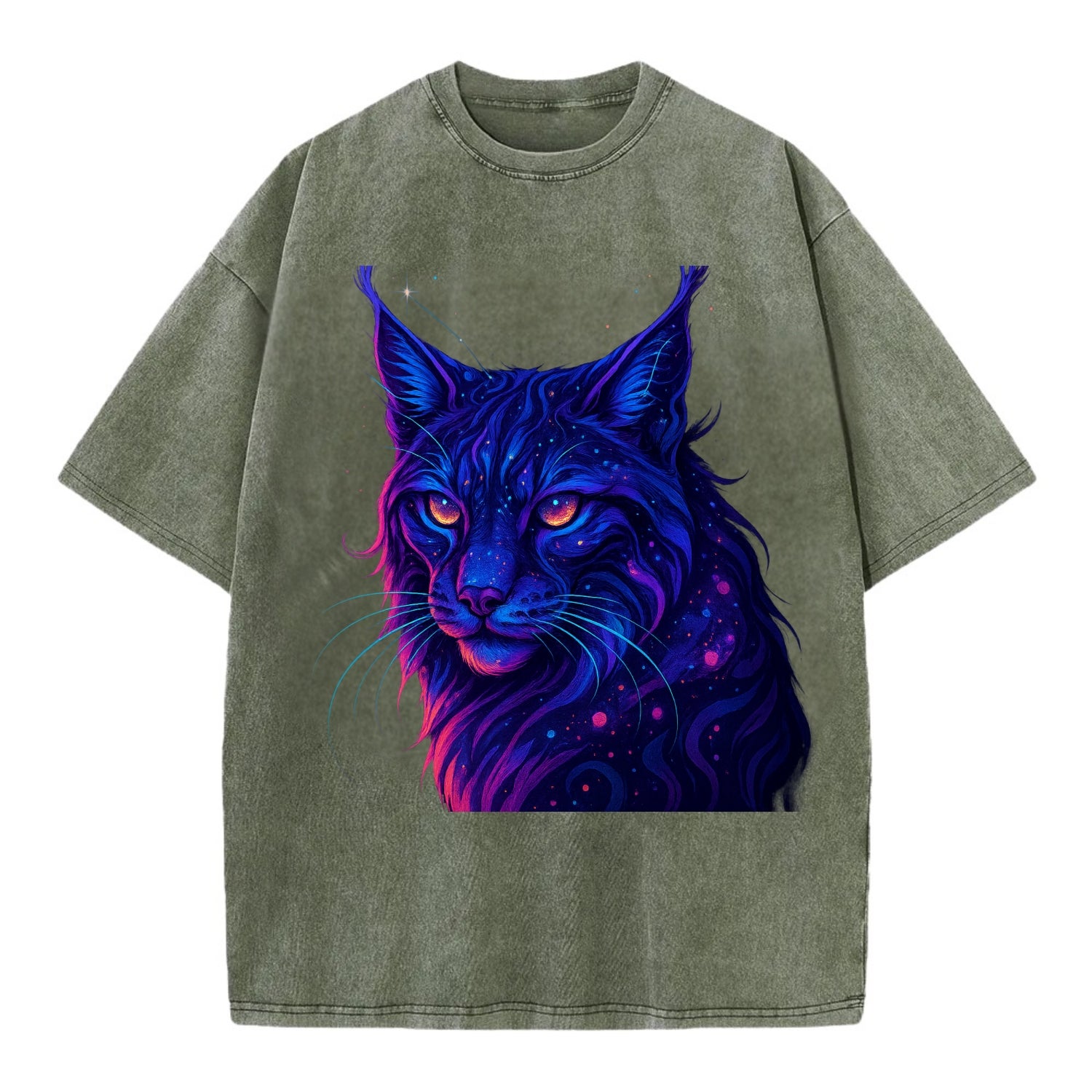 Stealthy lynx with ear tufts forming constellation patterns, nebula spots across - Vintage T-shirt - Army Green