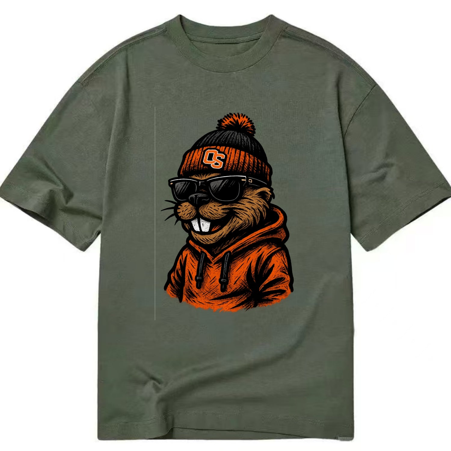Corvallis Beaver wearing Oregon State beanie with OS patch - Classic T-shirt - Army Green