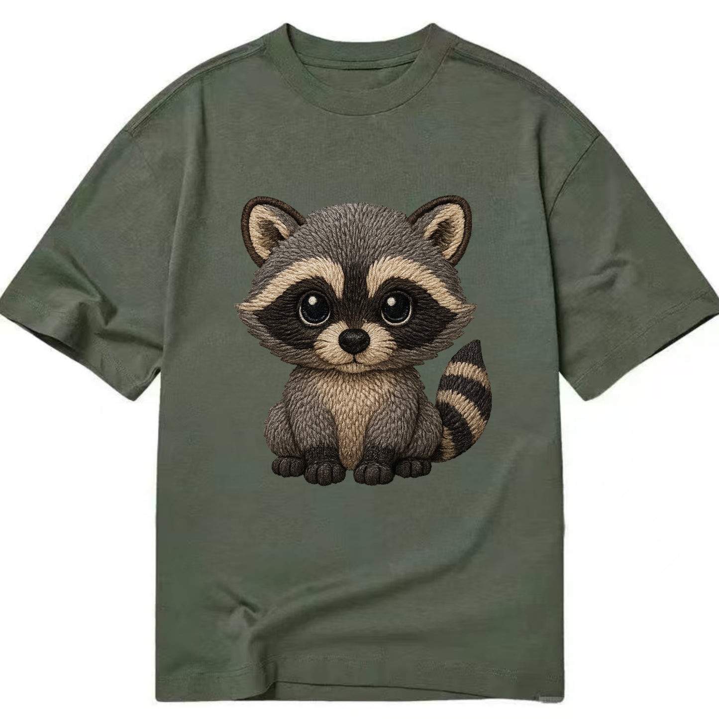 Baby Raccoon - gray fur, black mask, ringed tail, bright curious eyes, - Classic T-shirt - Army Green