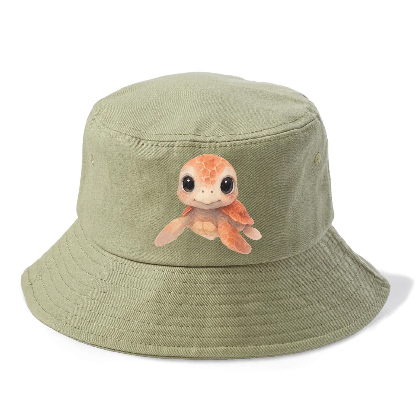 Baby Loggerhead Turtle - reddish-brown shell, big round dark eyes, chunky head, - Bucket Hat - Army Green
