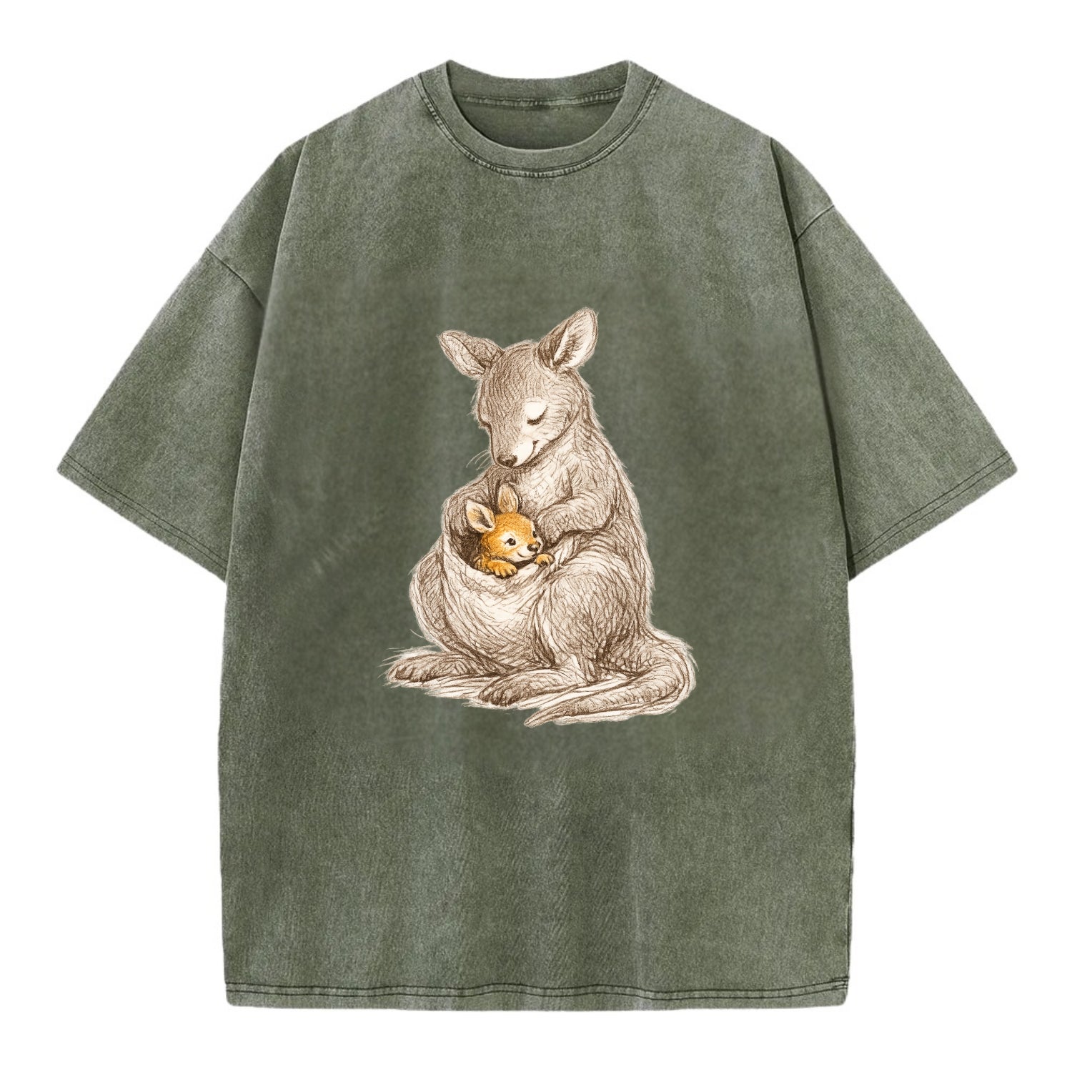 MOTHER'S POUCH | Kangaroo maternal embrace | Joey safe inside | Protective love | - Vintage T-shirt - Army Green
