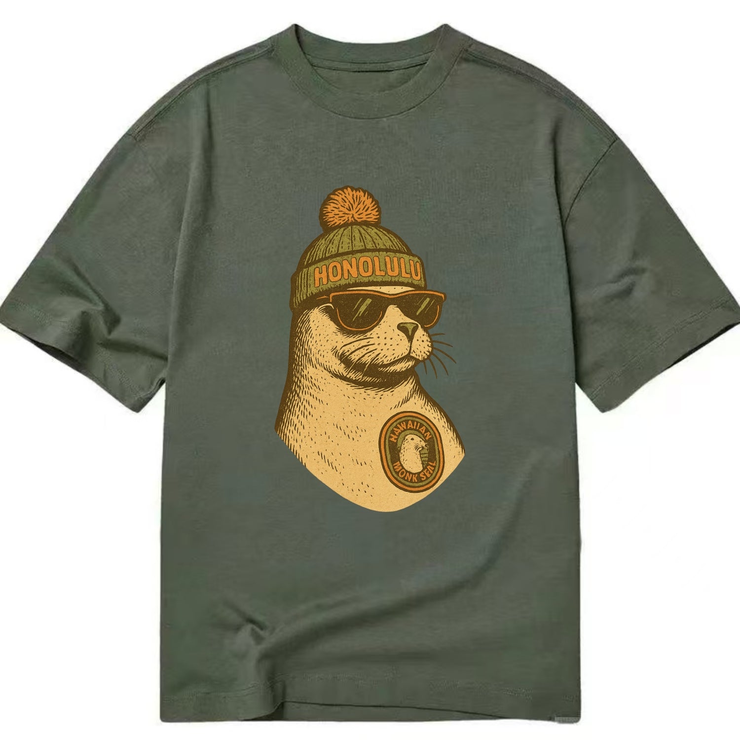 Hawaii Monk Seal wearing Honolulu beanie with pom pom and wayfarer sunglasses - Classic T-shirt - Army Green