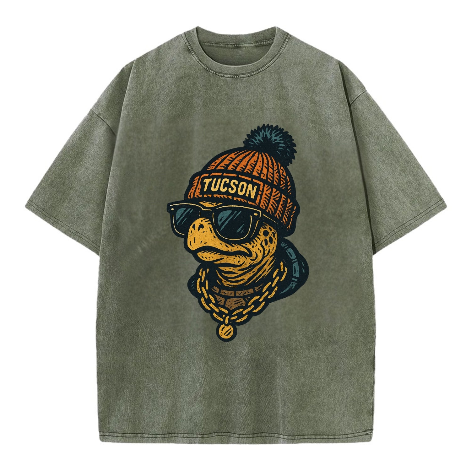 Tucson Desert Tortoise wearing Tucson beanie with pom pom and wayfarer sunglasses - Vintage T-shirt - Army Green
