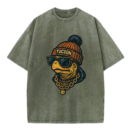 Tucson Desert Tortoise wearing Tucson beanie with pom pom and wayfarer sunglasses - Vintage T-shirt - Army Green