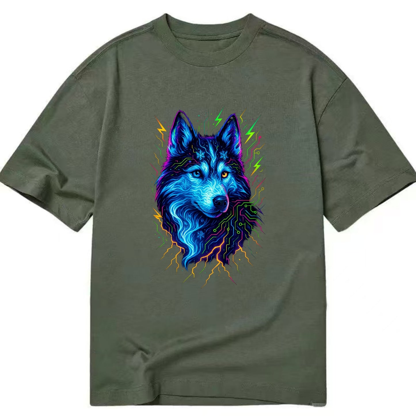 Siberian husky with ice-crystal flowing patterns, electric blue and white swirls, - Classic T-shirt - Army Green