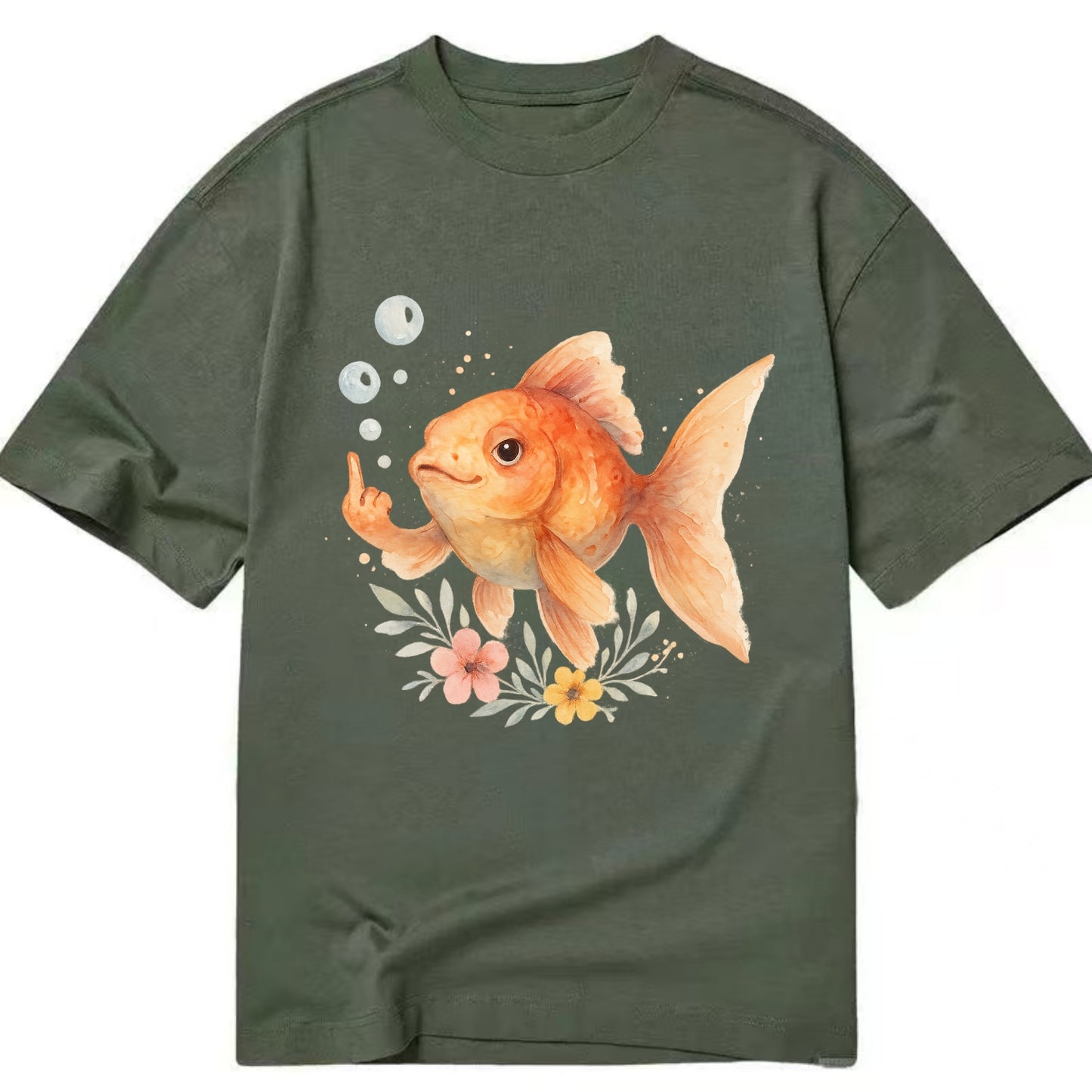 chubby goldfish blowing bubbles, one fin extended like middle finger - Classic T-shirt - Army Green