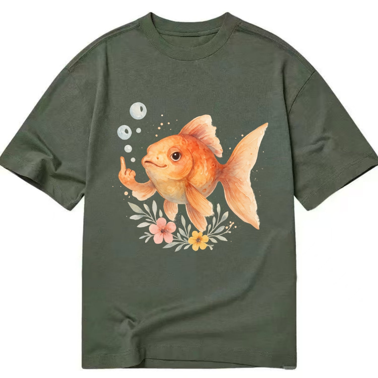 chubby goldfish blowing bubbles, one fin extended like middle finger - Classic T-shirt - Army Green