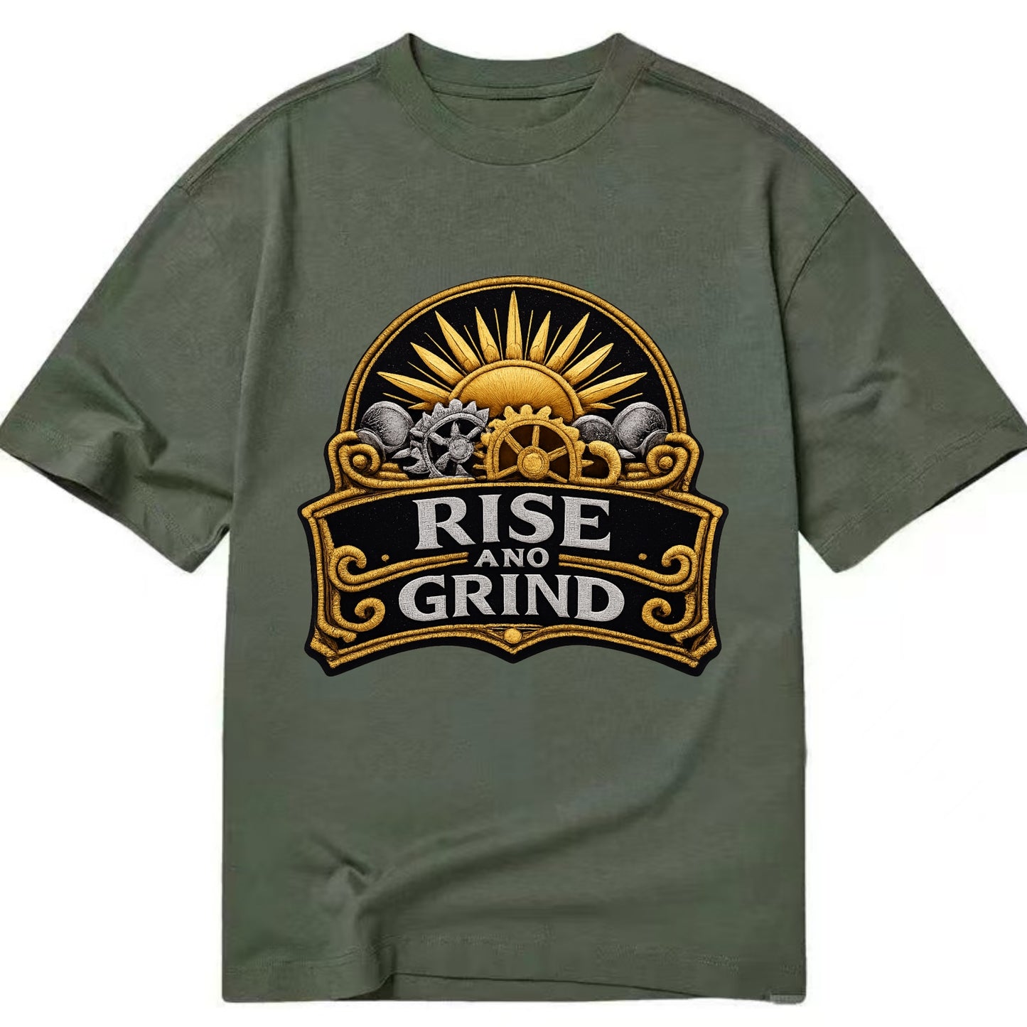 RISE AND GRIND - sun with gears in gold , morning motivation - Classic T-shirt - Army Green
