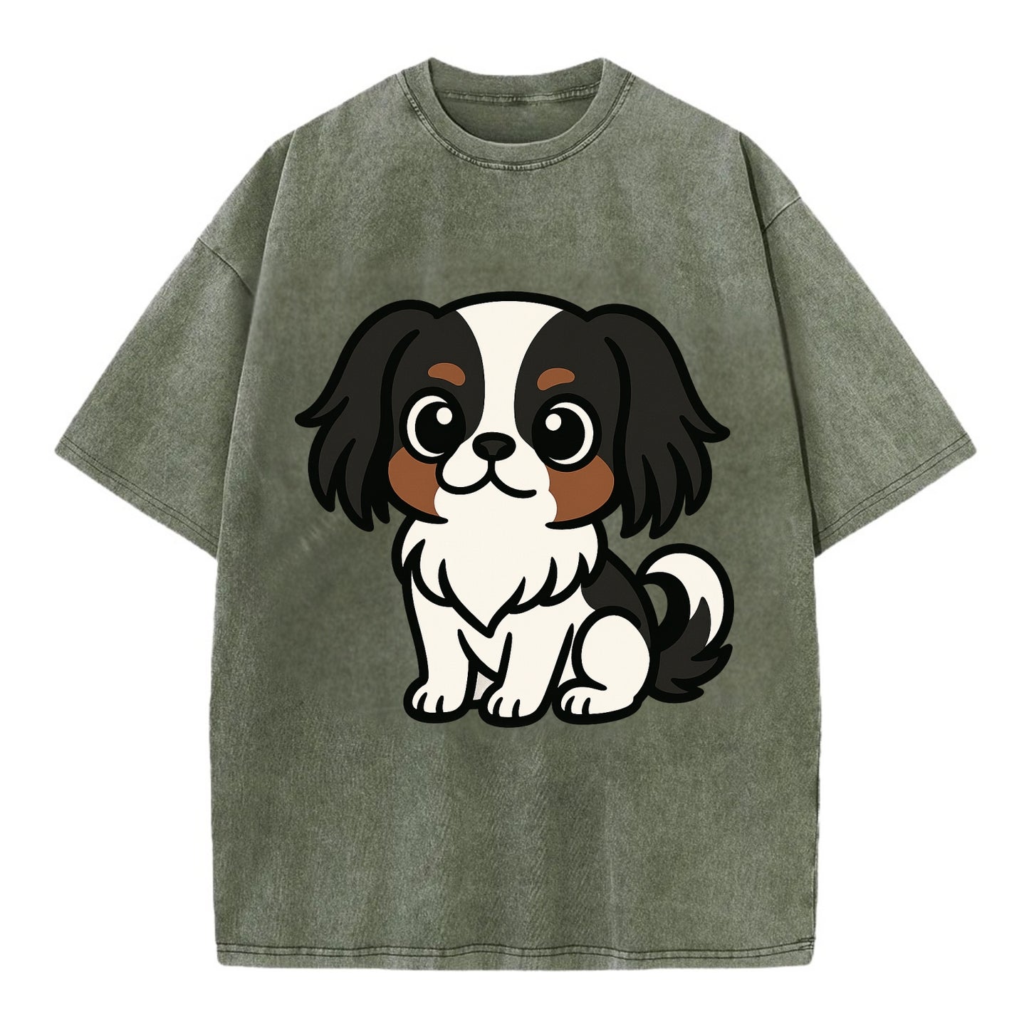 Japanese Chin - Black and white sitting pose - Vintage T-shirt - Army Green