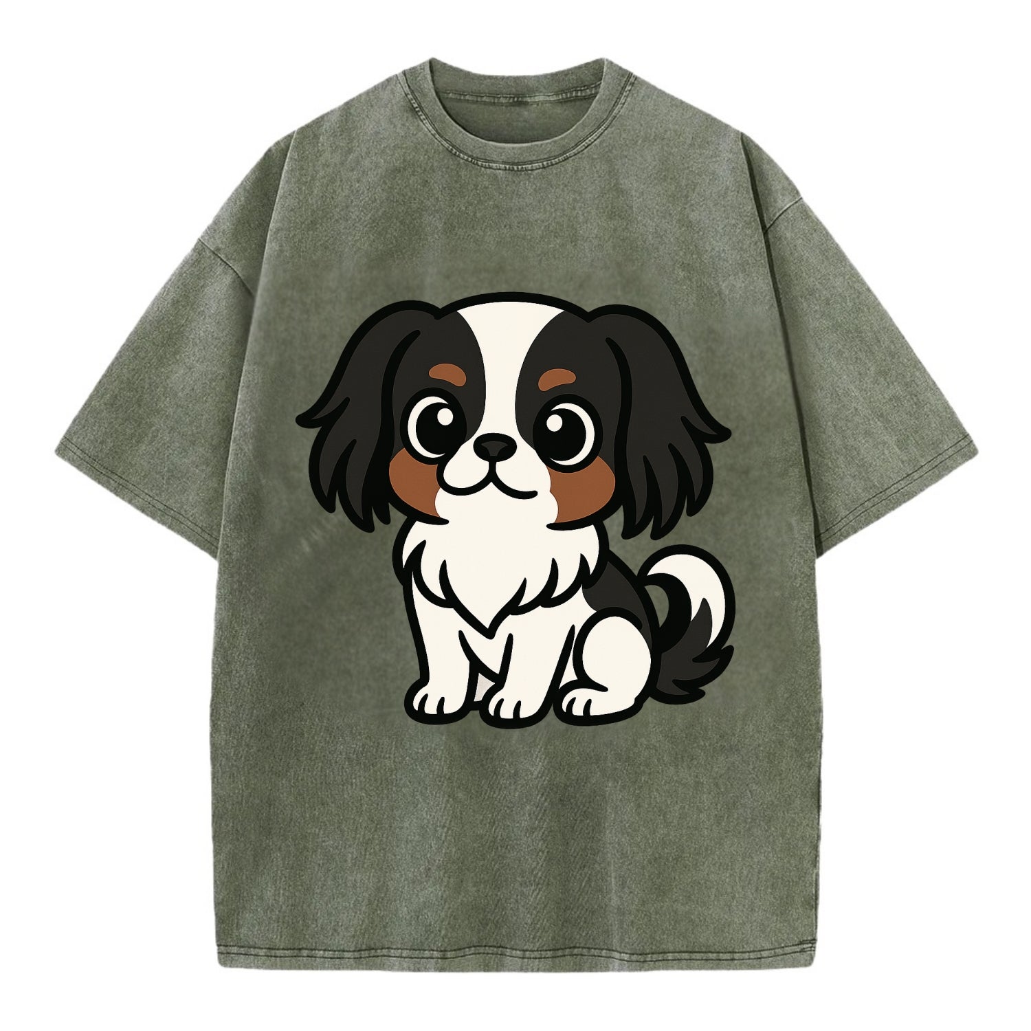 Japanese Chin - Black and white sitting pose - Vintage T-shirt - Army Green