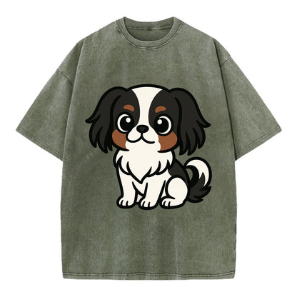 Japanese Chin - Black and white sitting pose - Vintage T-shirt - Army Green