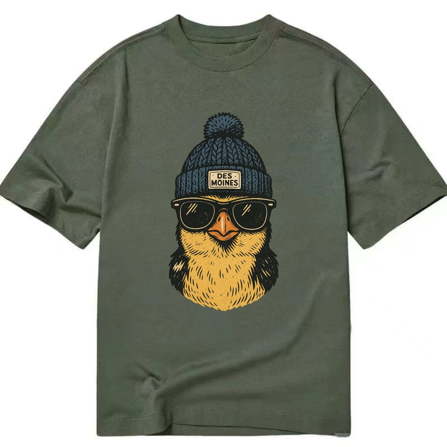 Iowa Goldfinch wearing Des Moines beanie with pom pom and wayfarer sunglasses - Classic T-shirt - Army Green