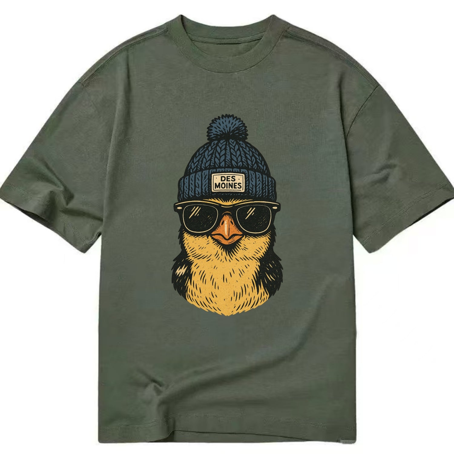 Iowa Goldfinch wearing Des Moines beanie with pom pom and wayfarer sunglasses - Classic T-shirt - Army Green