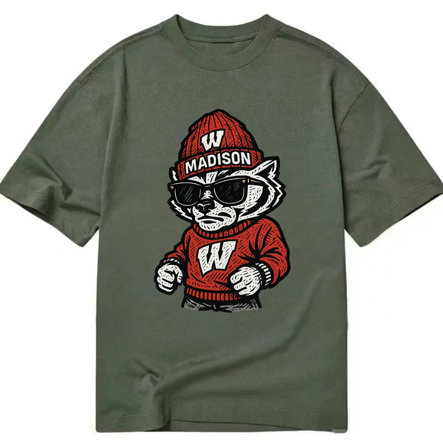 Madison Badger wearing Wisconsin beanie with motion W patch - Classic T-shirt - Army Green