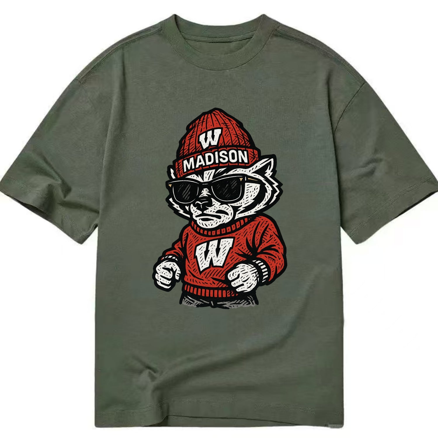 Madison Badger wearing Wisconsin beanie with motion W patch - Classic T-shirt - Army Green