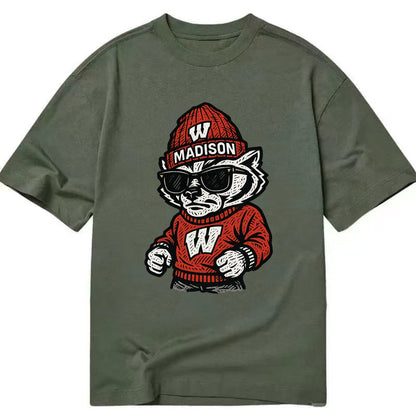 Madison Badger wearing Wisconsin beanie with motion W patch - Classic T-shirt - Army Green