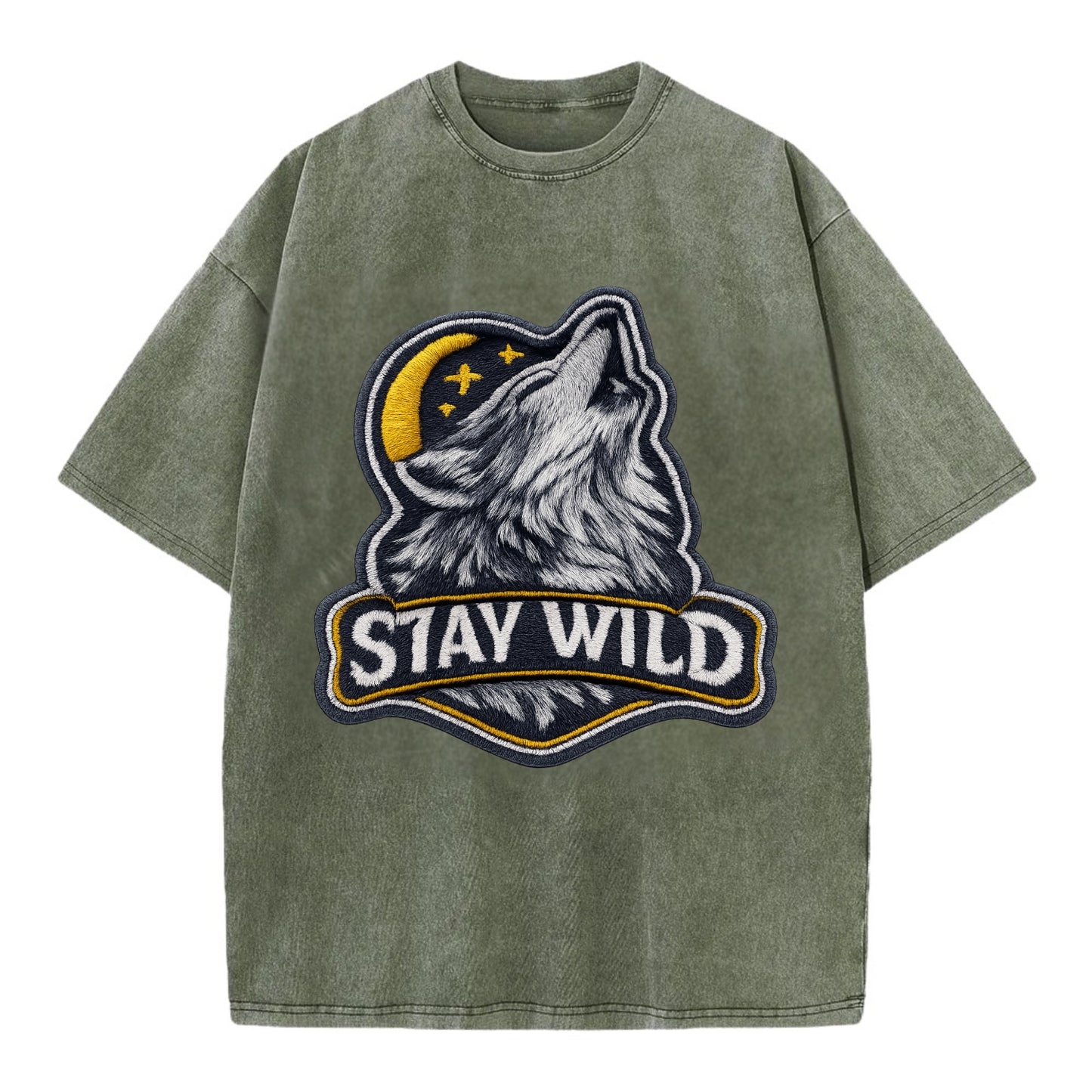 STAY WILD - wolf with text in gray , free spirit - Vintage T-shirt - Army Green
