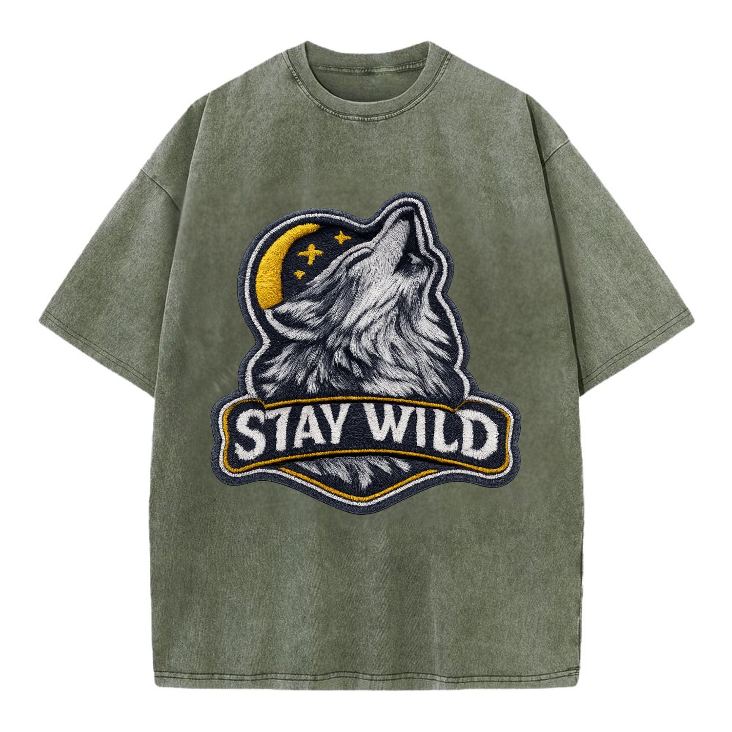 STAY WILD - wolf with text in gray , free spirit - Vintage T-shirt - Army Green