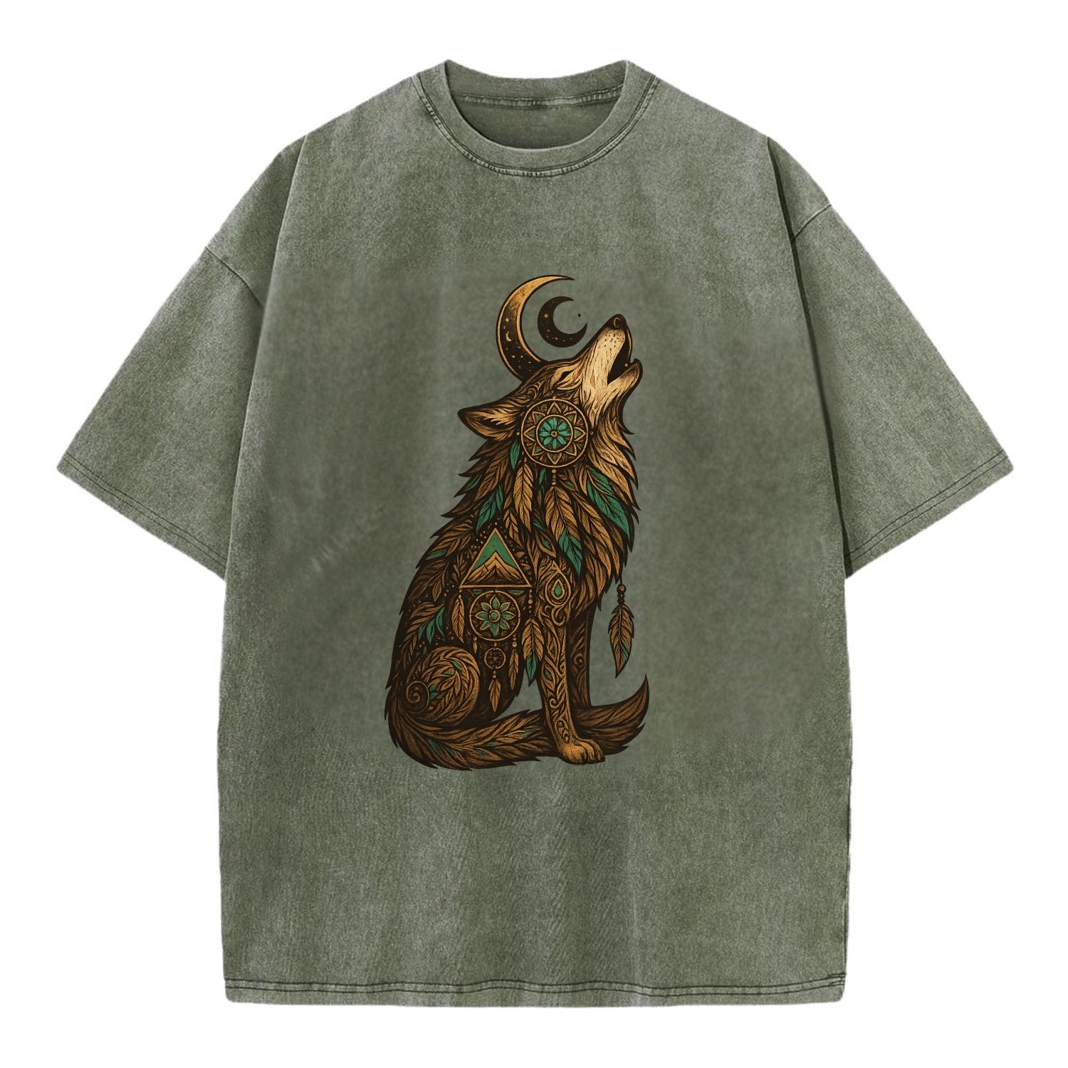 Celestial Moon Wolf  - Vintage T-shirt - Army Green