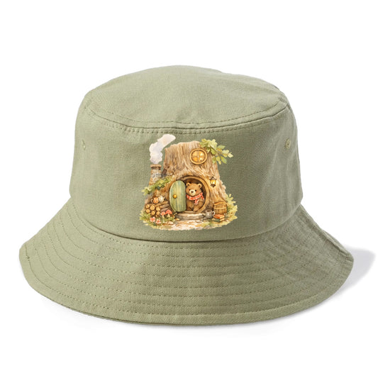 TREE HOME | Bear's home in hollow tree | Round door | Chimney smoke | Woodland - Bucket Hat - Army Green