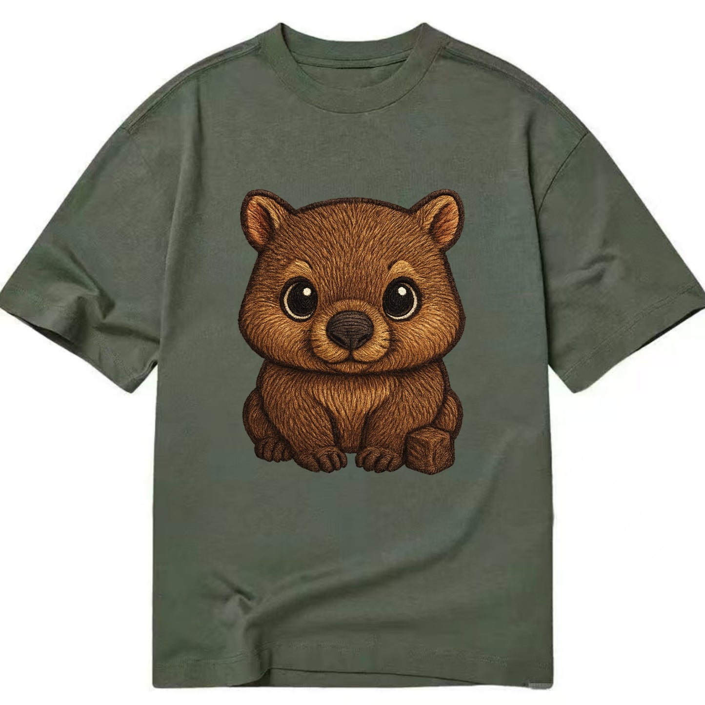 Baby Wombat - brown fur, square nose, small ears, dark eyes, front-facing, cube - Classic T-shirt - Army Green