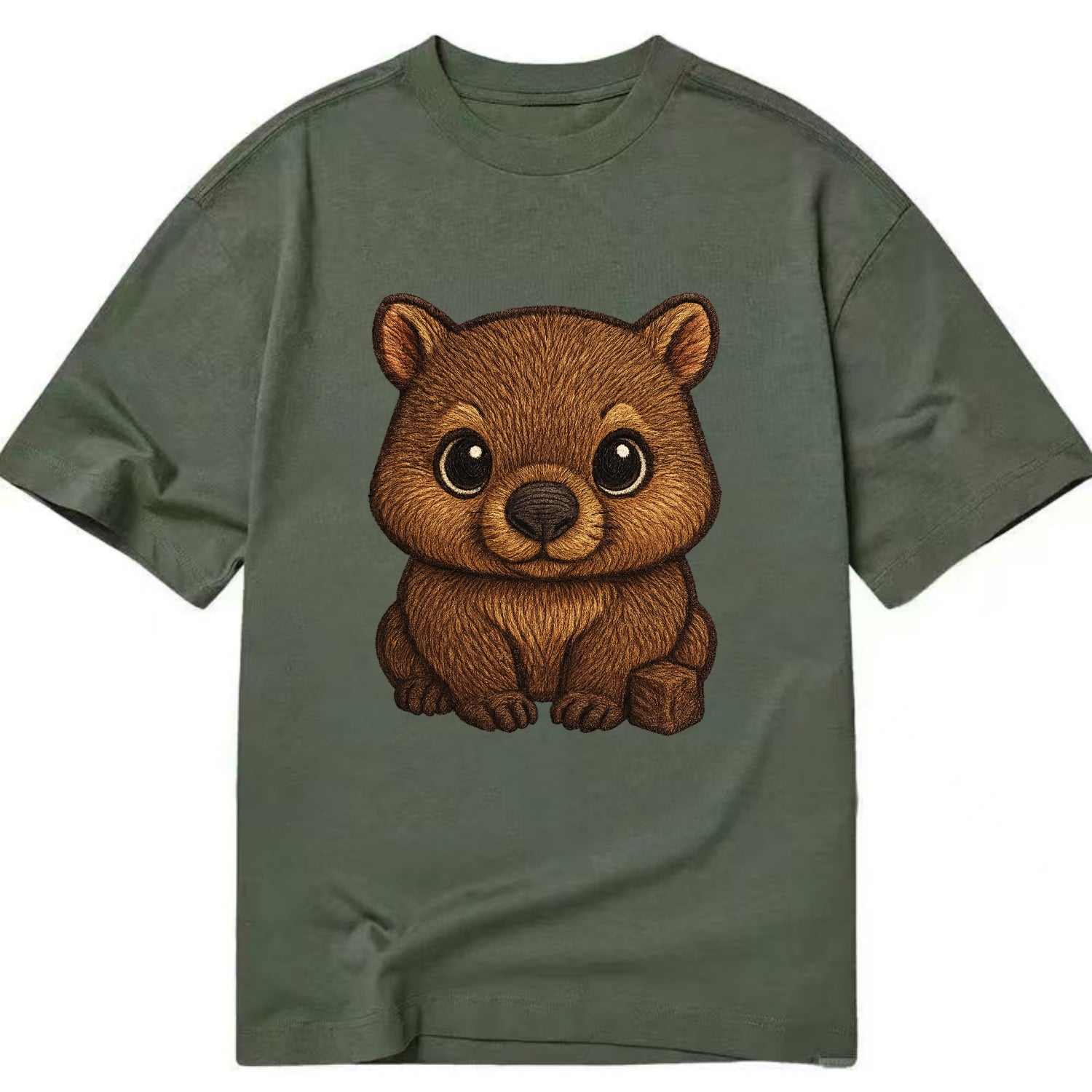 Baby Wombat - brown fur, square nose, small ears, dark eyes, front-facing, cube - Classic T-shirt - Army Green