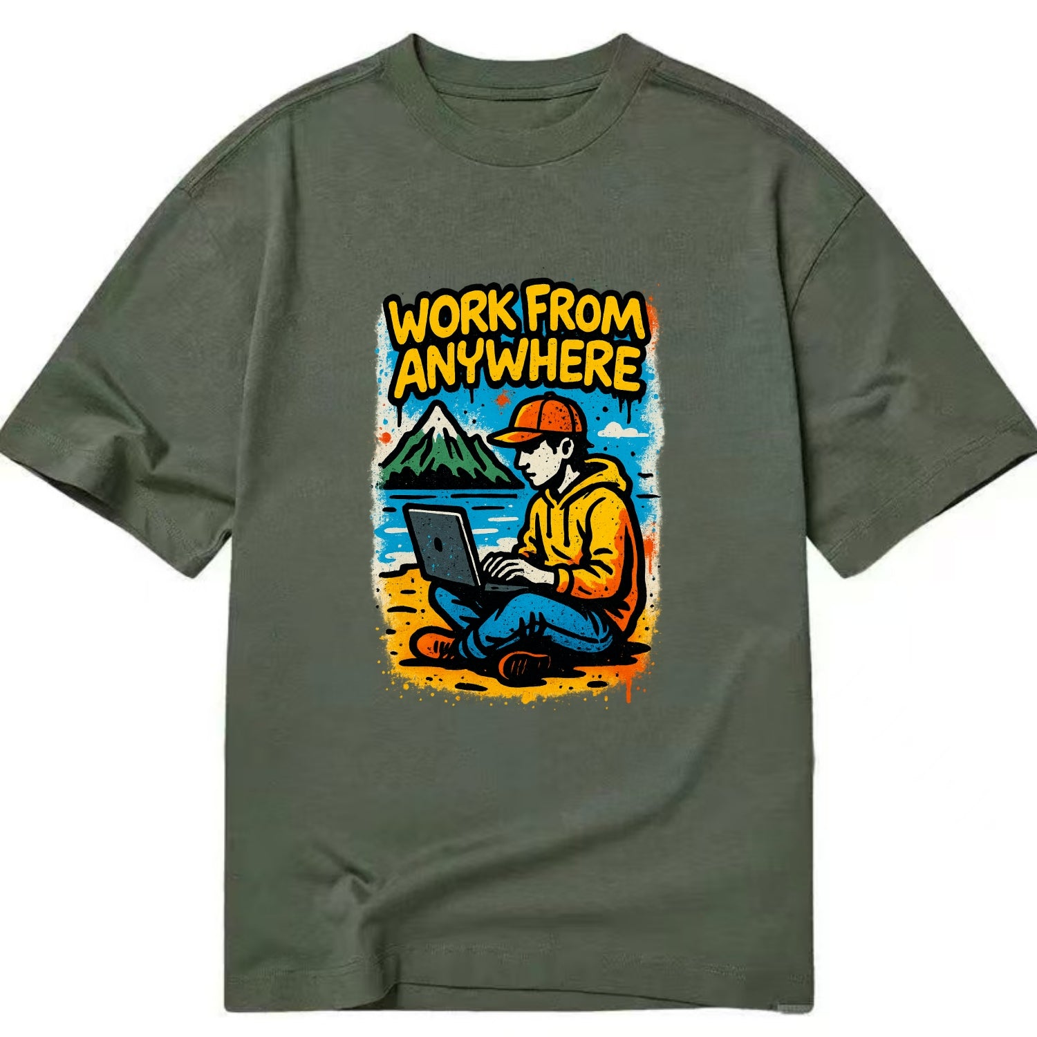 Digital nomad with laptop on beach/mountain - work from anywhere lifestyle, - Classic T-shirt - Army Green