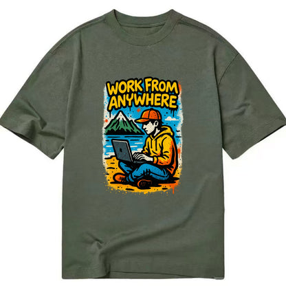 Digital nomad with laptop on beach/mountain - work from anywhere lifestyle, - Classic T-shirt - Army Green