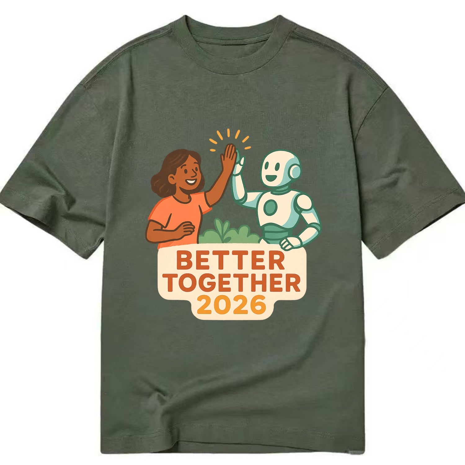 Human and AI robot high-fiving as collaborative partners - "Better Together 2026" - Classic T-shirt - Army Green