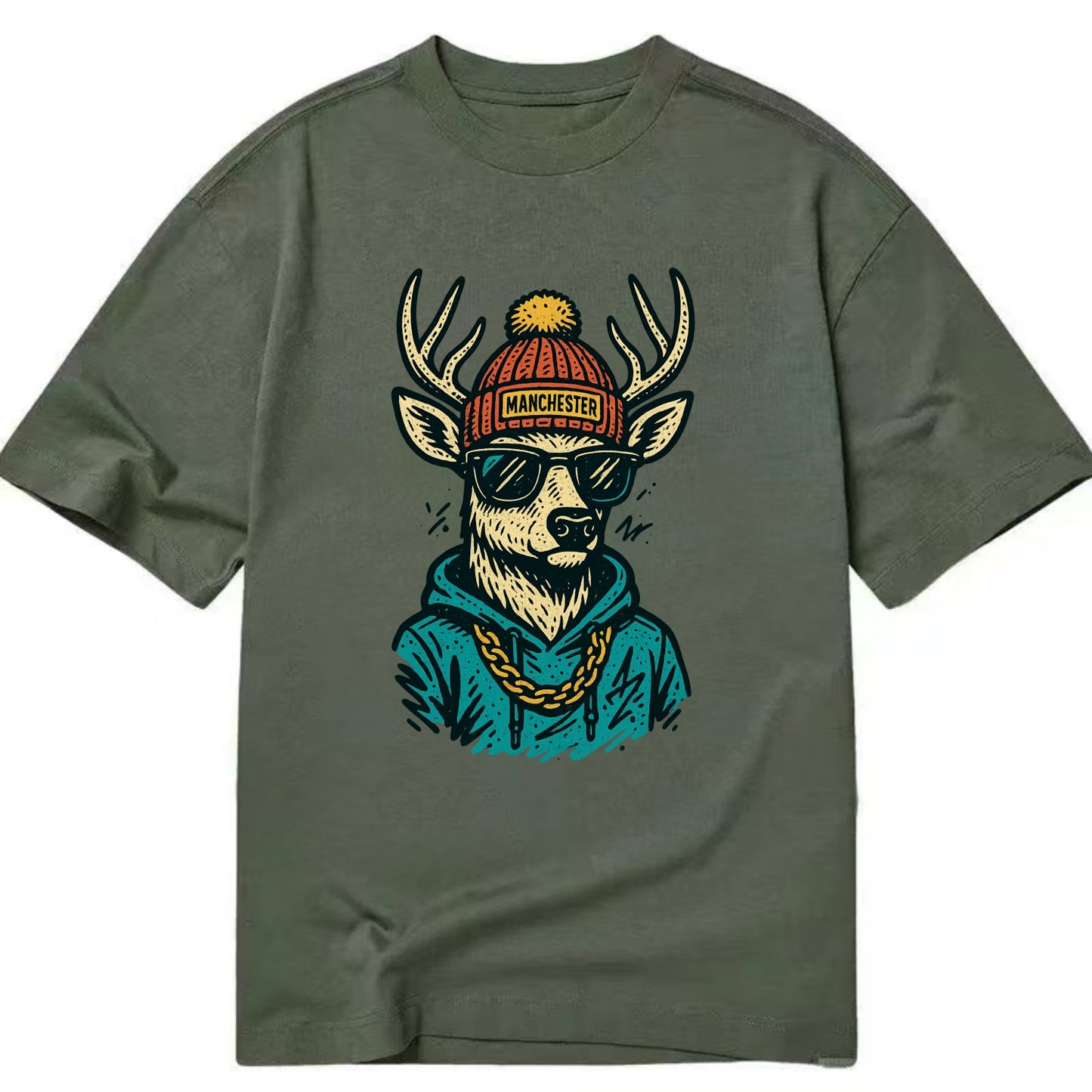 New Hampshire White-tailed Deer wearing Manchester beanie with pom pom and - Classic T-shirt - Army Green