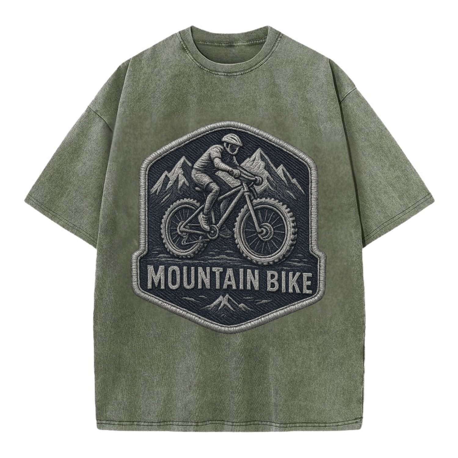 Mountain bike with rugged tires - cyclist badge - Vintage T-shirt - Army Green