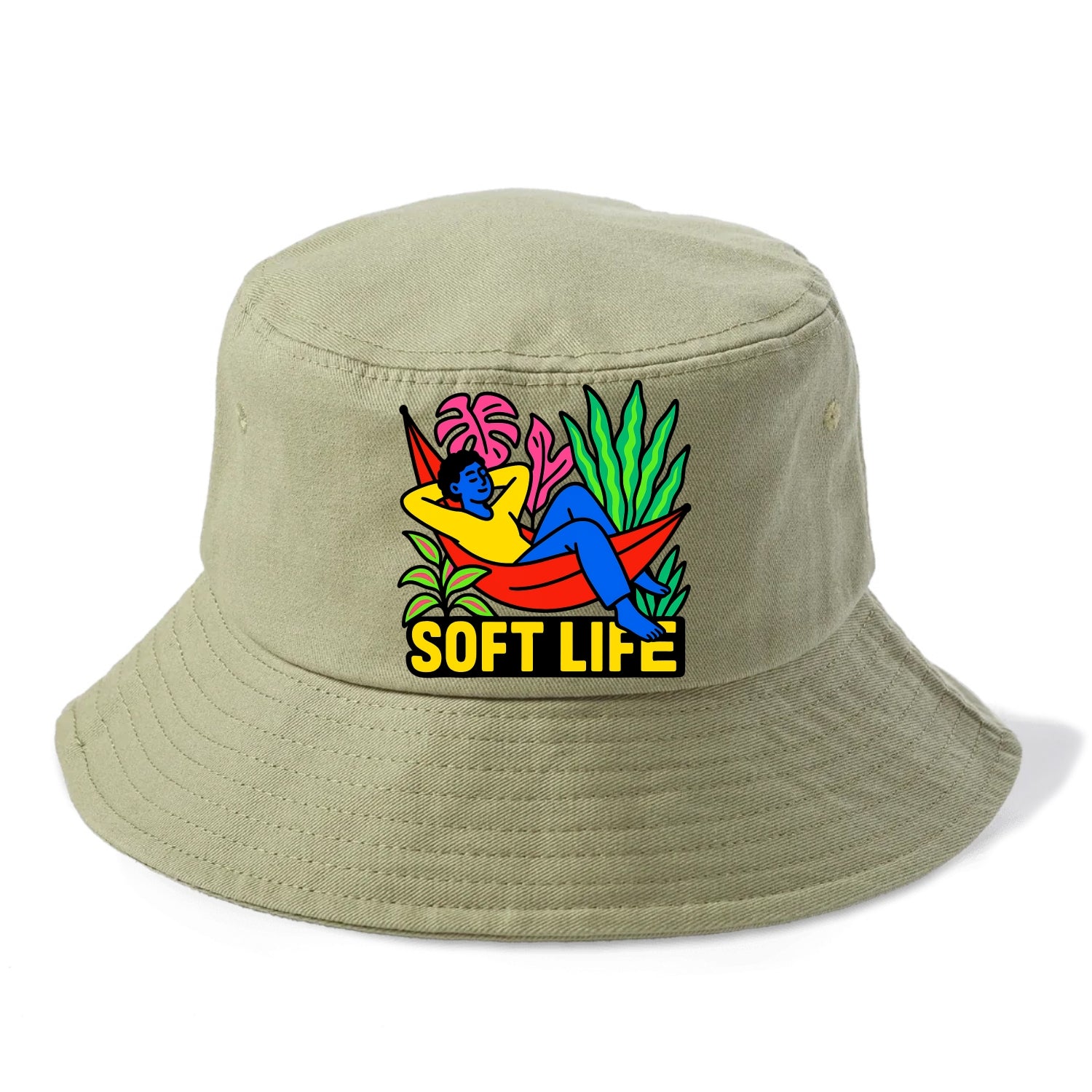 Person relaxing in hammock with plants - "soft life" aesthetic, peaceful living goals - Bucket Hat - Army Green