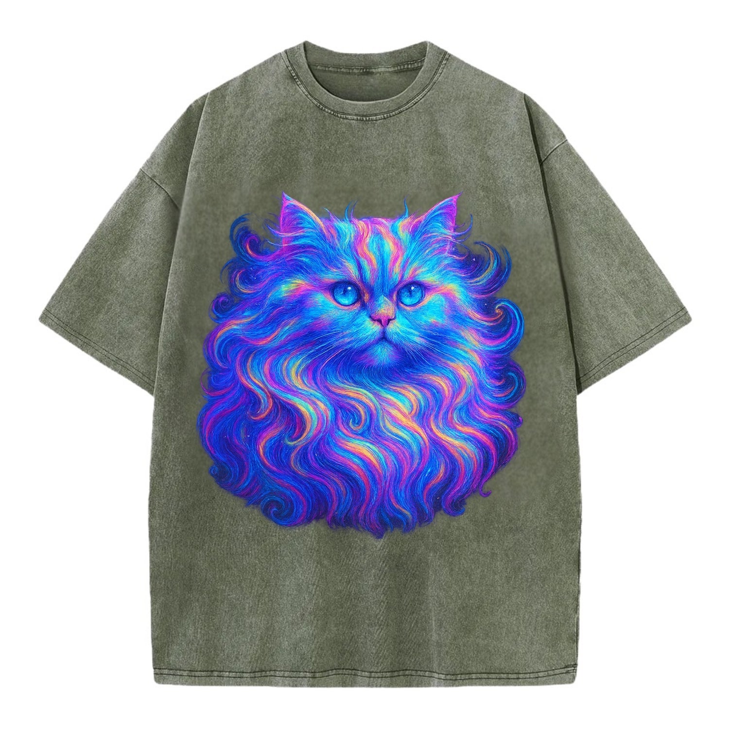 Luxurious Persian cat with flowing fur that refracts into rainbow prisms, soft - Vintage T-shirt - Army Green