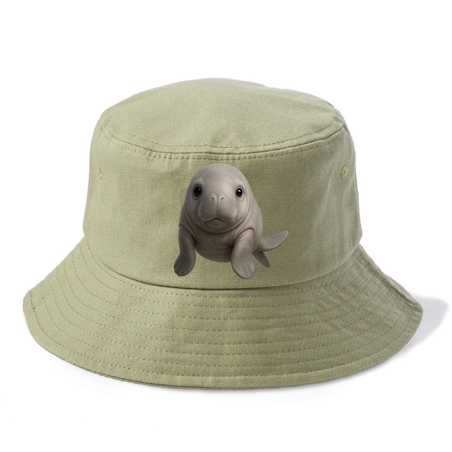 Baby Dugong - gray with paddle tail, gentle expression, whiskers, front-facing, sweet - Bucket Hat - Army Green