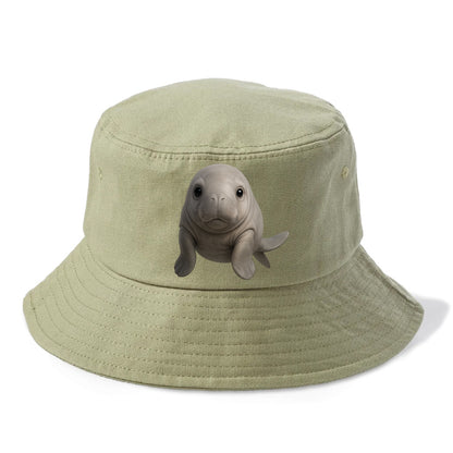 Baby Dugong - gray with paddle tail, gentle expression, whiskers, front-facing, sweet - Bucket Hat - Army Green