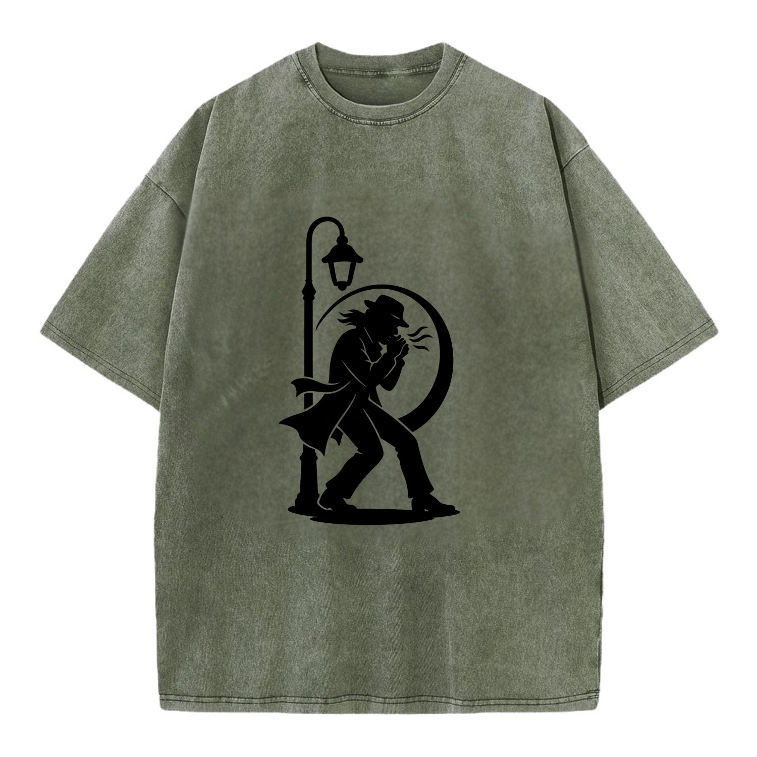 Blues harmonica player under streetlight - Vintage T-shirt - Army Green