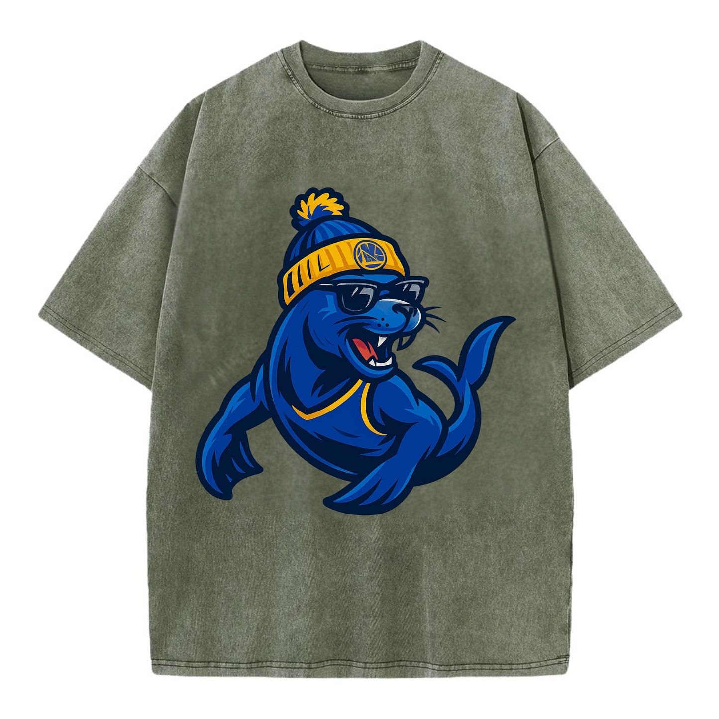 Bay Area Sea Lion wearing Warriors blue and gold beanie with Golden Gate and - Vintage T-shirt - Army Green