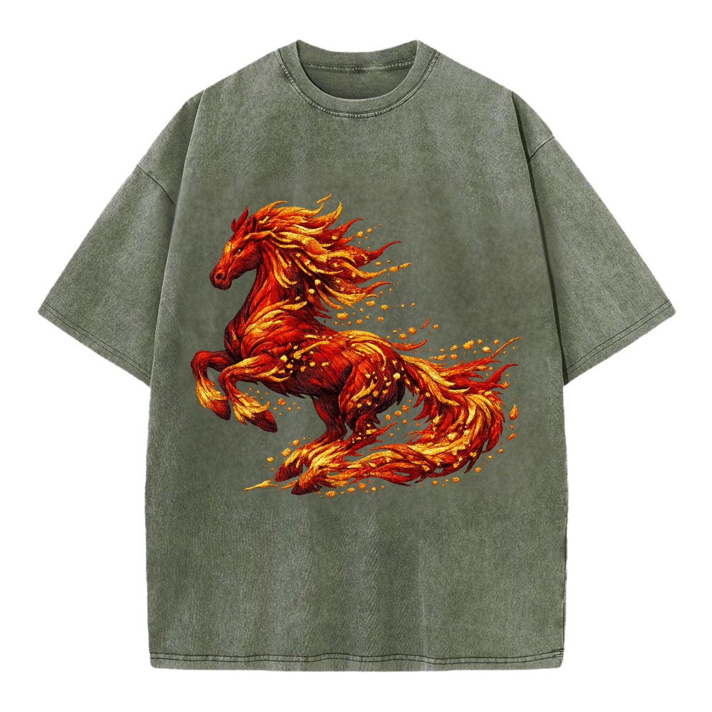 EMBER RISING | Sparks forming into horse shape | Particles of fire | Energy - Vintage T-shirt - Army Green
