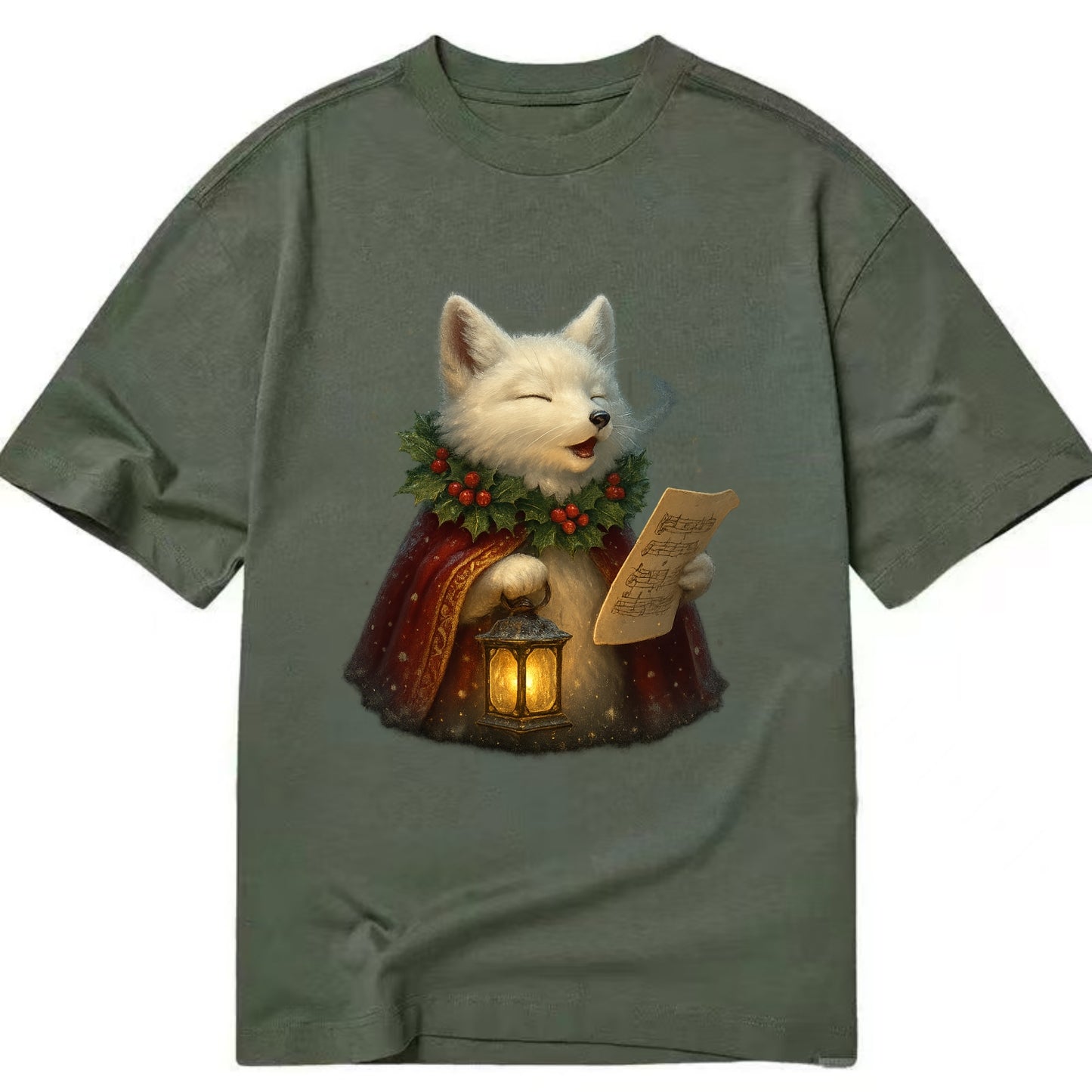 Snowbound Arctic Fox Caroler  - Classic T-shirt - Army Green