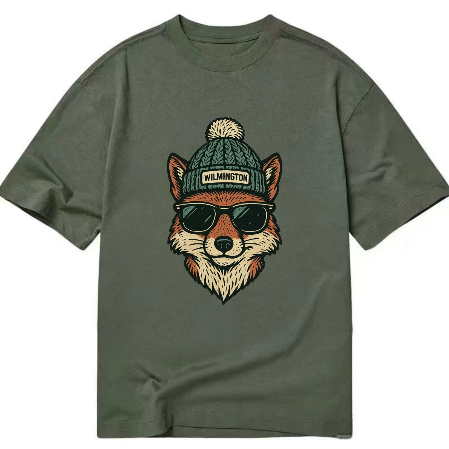 Delaware Gray Fox wearing Wilmington beanie with pom pom and wayfarer sunglasses - Classic T-shirt - Army Green