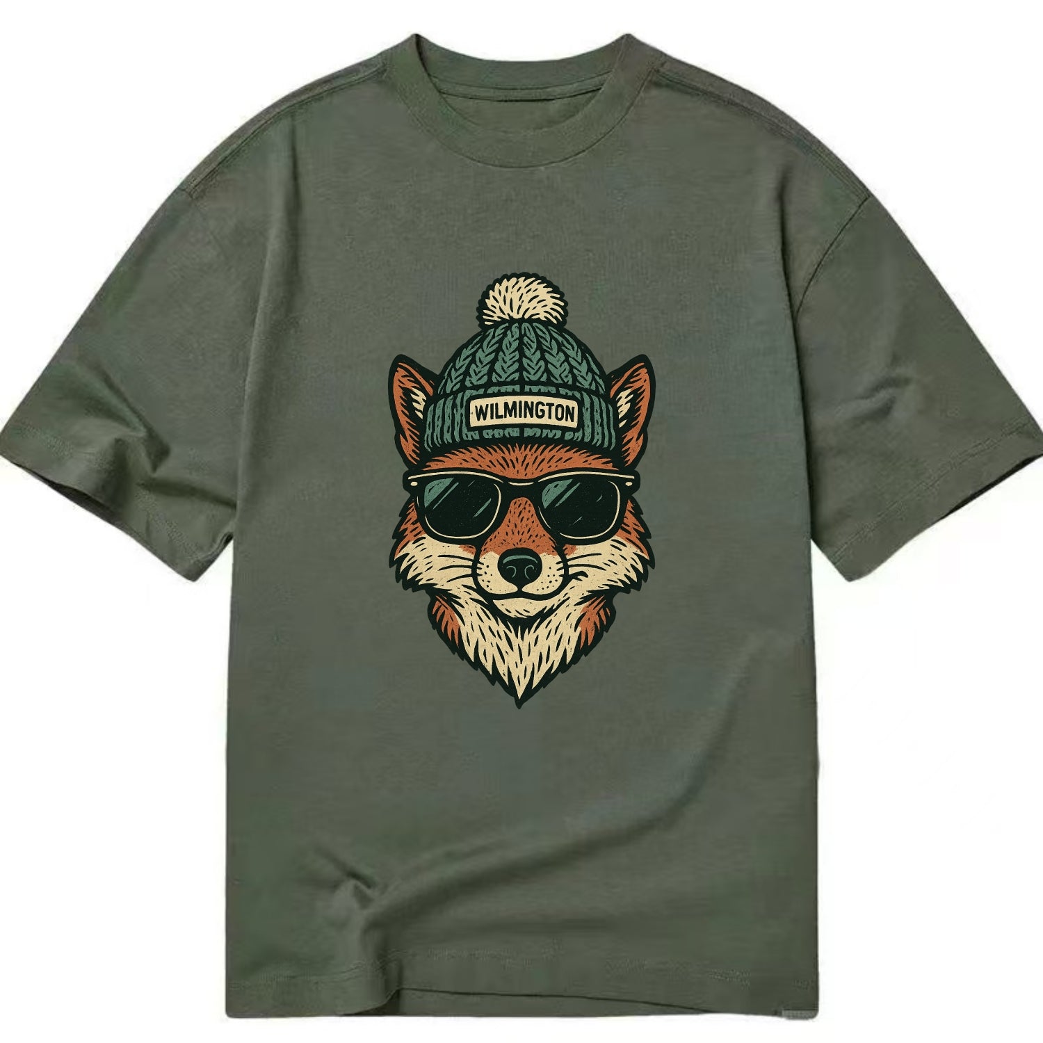 Delaware Gray Fox wearing Wilmington beanie with pom pom and wayfarer sunglasses - Classic T-shirt - Army Green