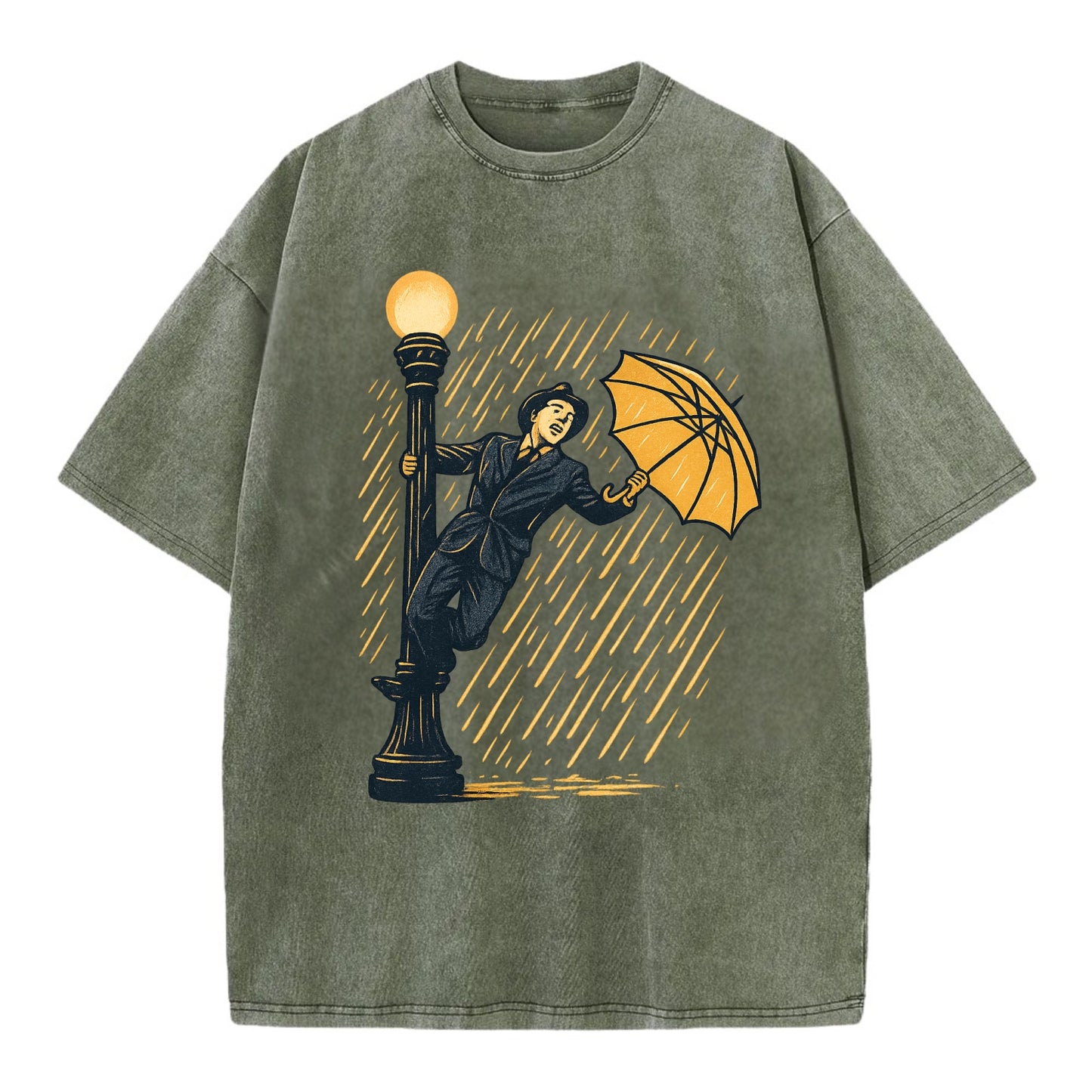 joyful dancing on lamppost in heavy rain with big smile - Vintage T-shirt - Army Green