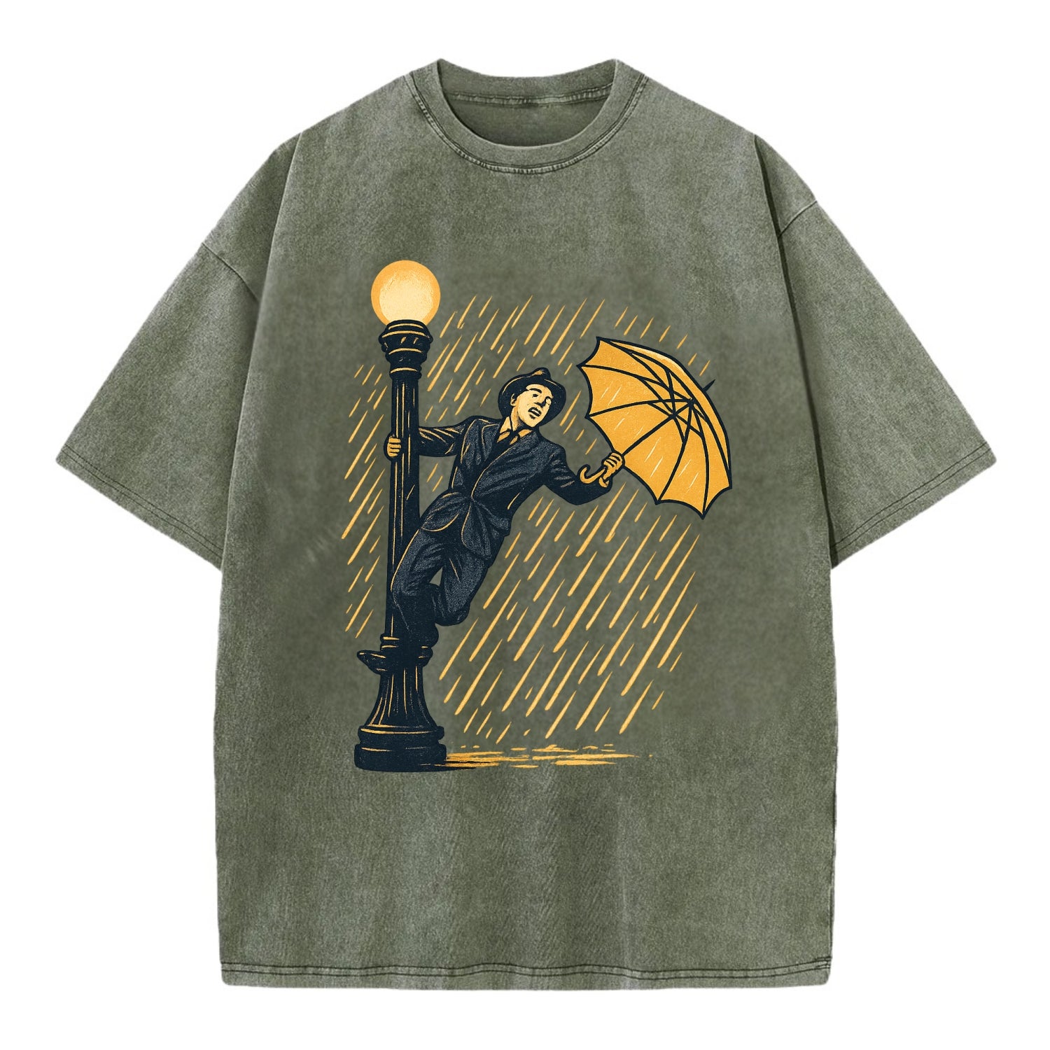 joyful dancing on lamppost in heavy rain with big smile - Vintage T-shirt - Army Green