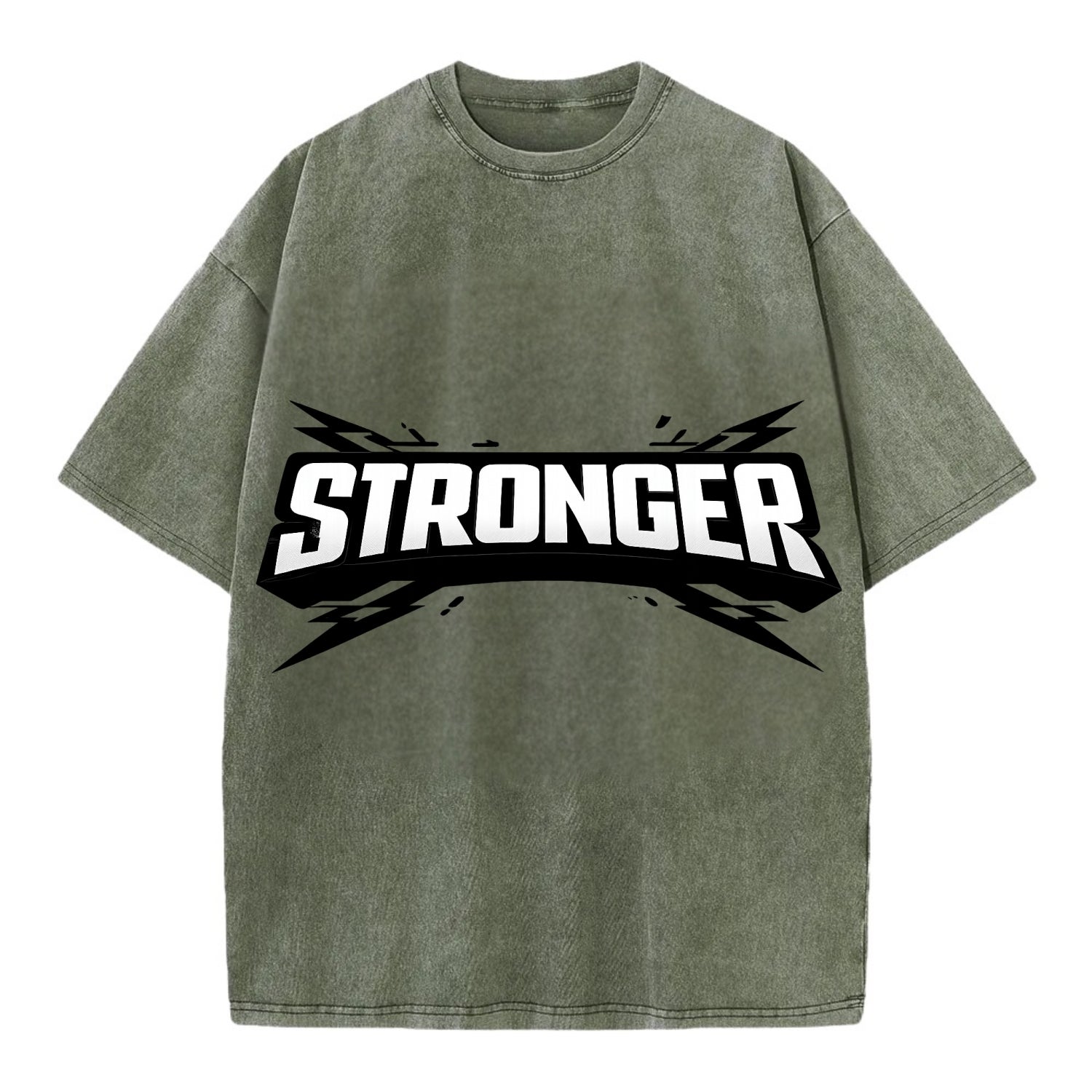 Bold typography design - "STRONGER" - getting better, building power - Vintage T-shirt - Army Green