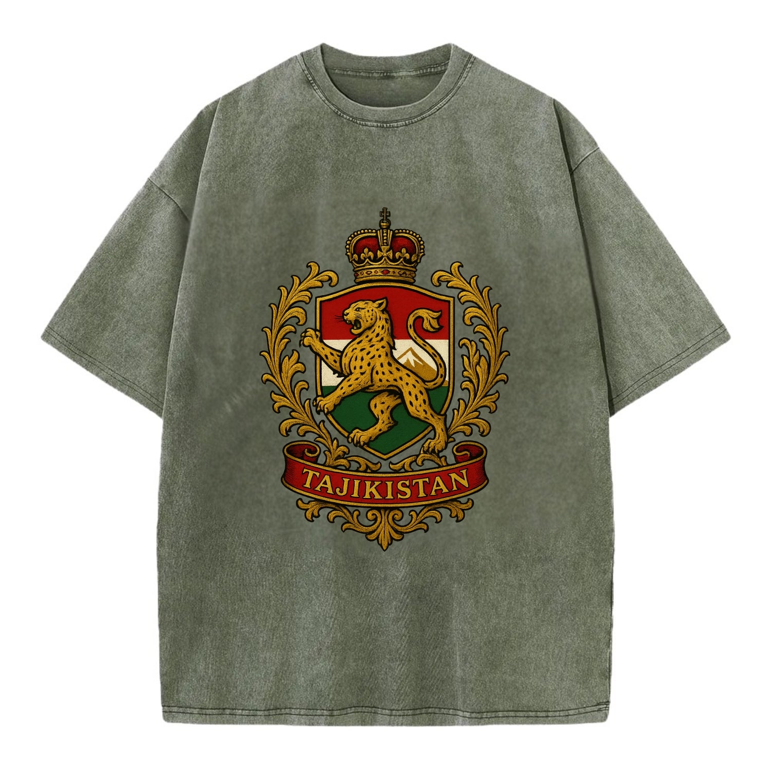 Tajikistan Heritage Badge  - Vintage T-shirt - Army Green