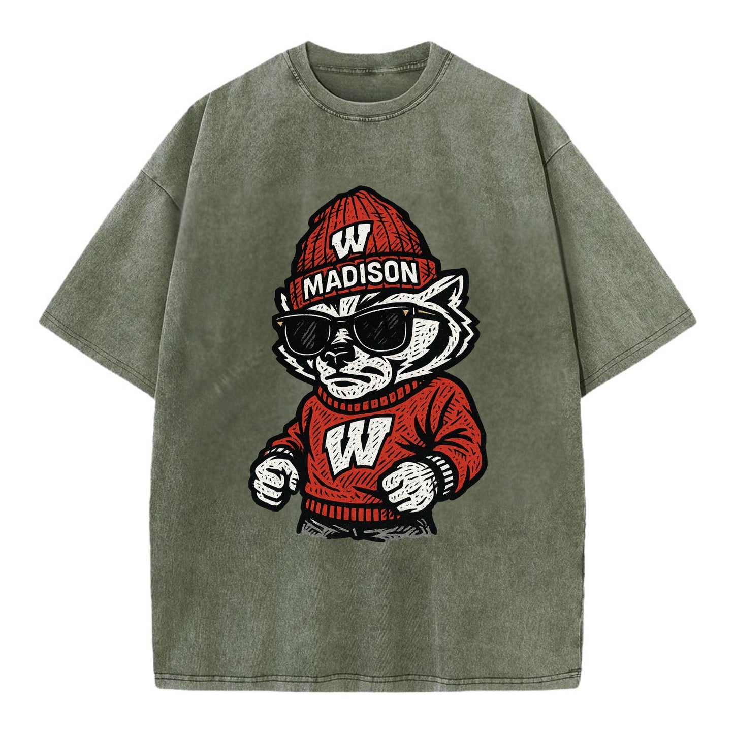 Madison Badger wearing Wisconsin beanie with motion W patch - Vintage T-shirt - Army Green